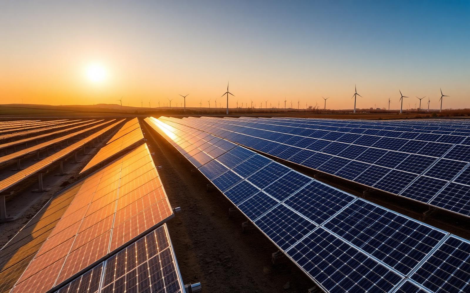 Solar array with wind turbines on the horizon at golden hour